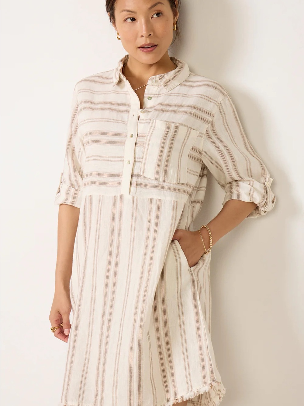 Striped Button Front Shirt Dress in Cream and Taupe